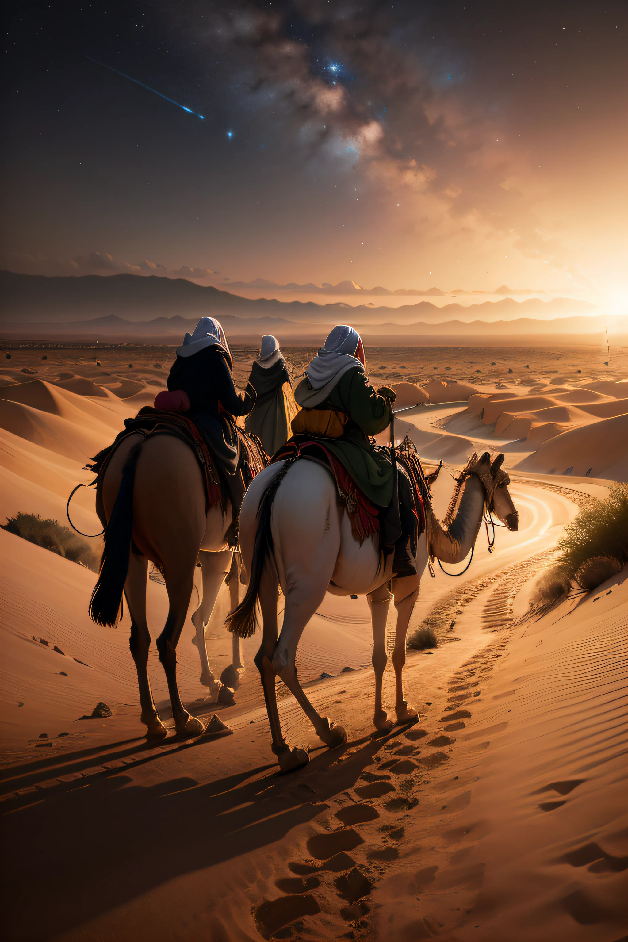 Imaginez une peinture des Saints Rois Mages chevauchant des chameaux à travers une forêt aride., dusty desert towards Bethlehem, avec l&#39;étoile de Bethléem qui brille au-dessus d&#39;eux.