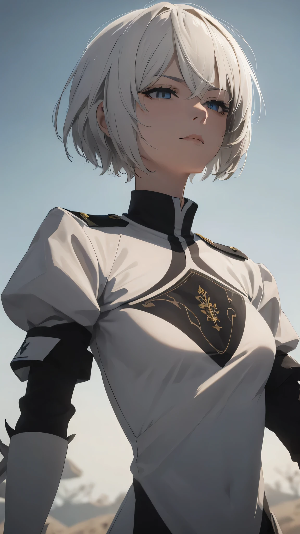 extremely detailed CG unity 8k wallpaper), (masterpiece), (best quality), (ultra-detailed), (best illustration), (best shadow), (absurdres) ,(detailed eyes), 2b, 1girl, short hair, white hair, solo, Intimidating women, admiral uniform, night, hero pose, white clothes, General Uniform, Military Uniform, Sunlight, exposed to sunlight,commander, fighting pose, wearing cape