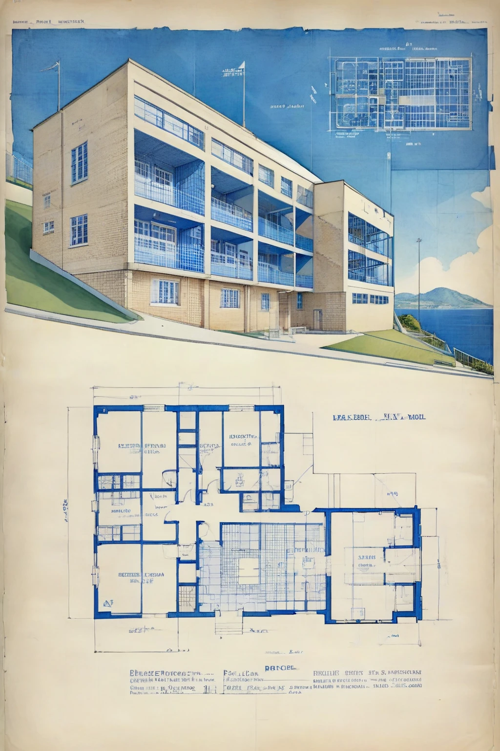 ON PARCHMENT,INK ILLUSTRATION,bl3uprint,A axonometric view and detailed blueprints for a building built on an incline of a hill ,sports hall inside,tennis court outside ,balconies for people to watch,the sea in the background,detailed markings,grid lines,