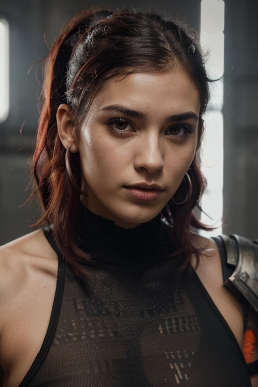 nip-slip, gritty candid raw straight level portrait, close-up photo of a young 21 year old female cyberpunk warrior from warhammer 40k, big lips, full body, high cheekbones, long scar below her left eye, playful, danish and spanish heritage, d-cup, short curly black and neon red hair with undercut on left side, realistic skin texture, tall and muscular, futuristic fashion, flawed skin with several battle scars, shot with Sony Alpha A6500 1.4f, bokeh, highly detailed, masterpiece. 