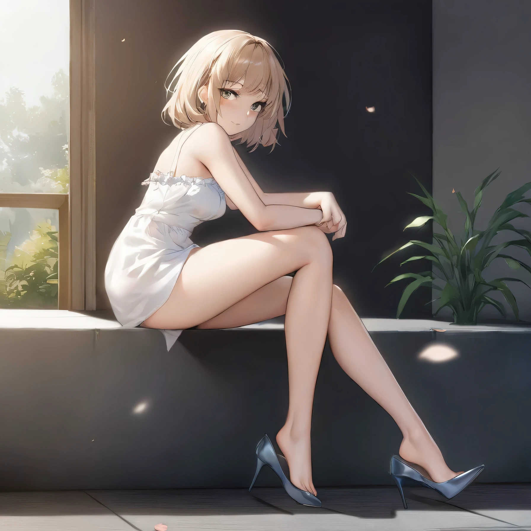 [high quality, 最high quality], (cinematic), From the side, 1 girl, alone, sitting, black hair、blouse、shorts、smile、 hanging shoes, no socks, high heels, shoes removed, (bloom, HDR), (Depth of the bounds written)