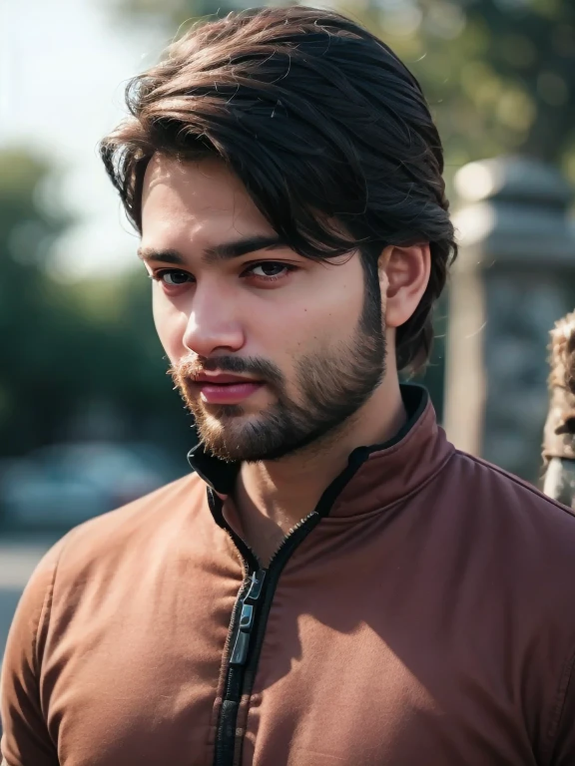 A beautiful young bearded man with highly detailed skin looking at the camera,8k,high res, soft light,no contrast,ultra realistic, photorealism.((real life photo,realistic:1.9, short beard:1)), HDR, emotions smiling 