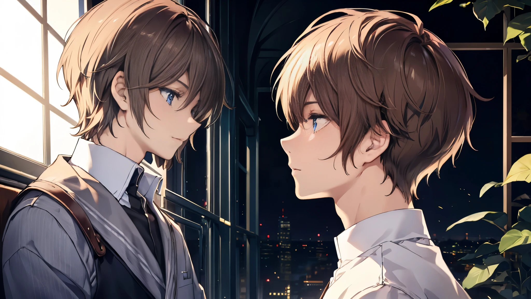 1 boy, Side view of the head, brown hair, blue eyes, permanent