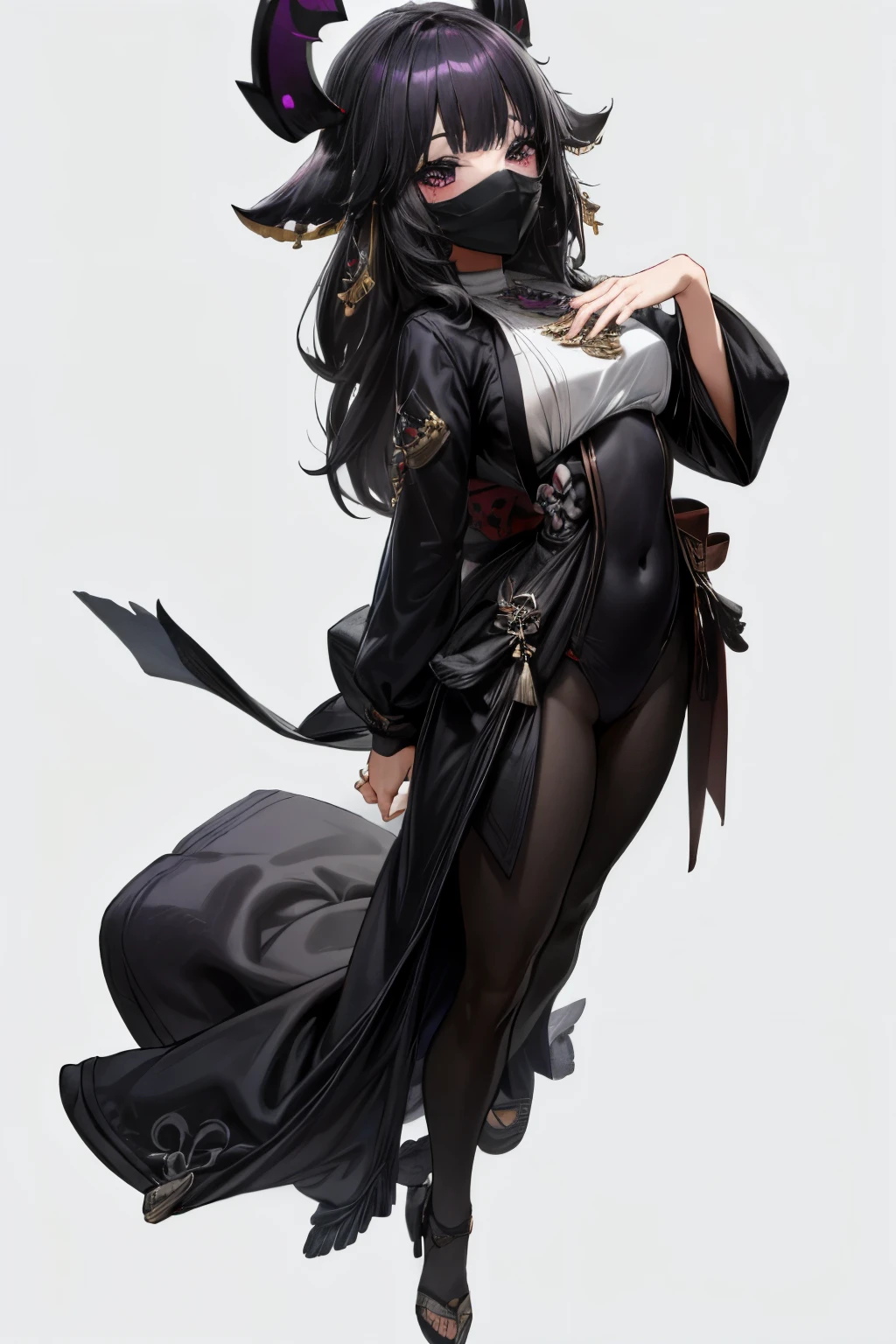 A cultist woman wearing a mirror mask., una bata negra, un estilete en la mano y perfora la otra mano, cabello negro con orejas de gato, The demon in the mirror devours the body of the cultist through the mask., An obsidian mirror appears behind and a mirror demon hits it from within..., Alto realismo, alto detalle. The devil has pale and slippery skin., extremidades largas con garras, una boca grande con muchos dientes afilados y una lengua larga que cuelga de la boca. el cuerpo es delgado, Las costillas son visibles, Hundreds of little black eyes. Tiene una altura de 2 metros,Estilo almas negras, clear lines, bosquejo, sombreado.