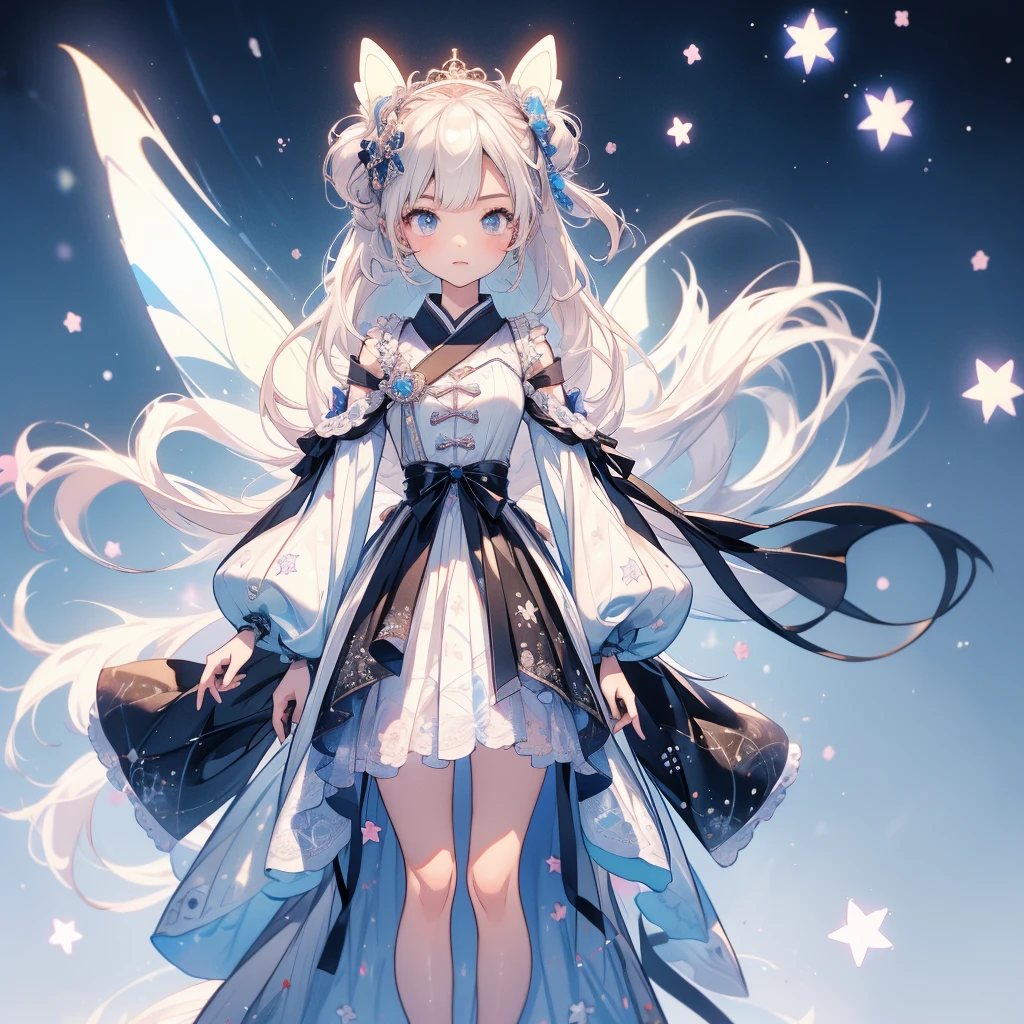 highest quality、8K,handsome face、vtuber-fullbody、視聴者に向かって真っすぐfrontの絵、Star Fairy、全身front立ち絵、front、1girl,highest quality、masterpiece、official art、Super detailed、super beautiful、かわいいStar Fairy、white straight short hair、Milky Way、universe、star charm、star、baby face、Knee-high boots、Japanese pattern dress、A beautiful girl wearing black and white clothes that are a remake of a yukata.、universeを思わせる花魁フリルドレス、simple background、
