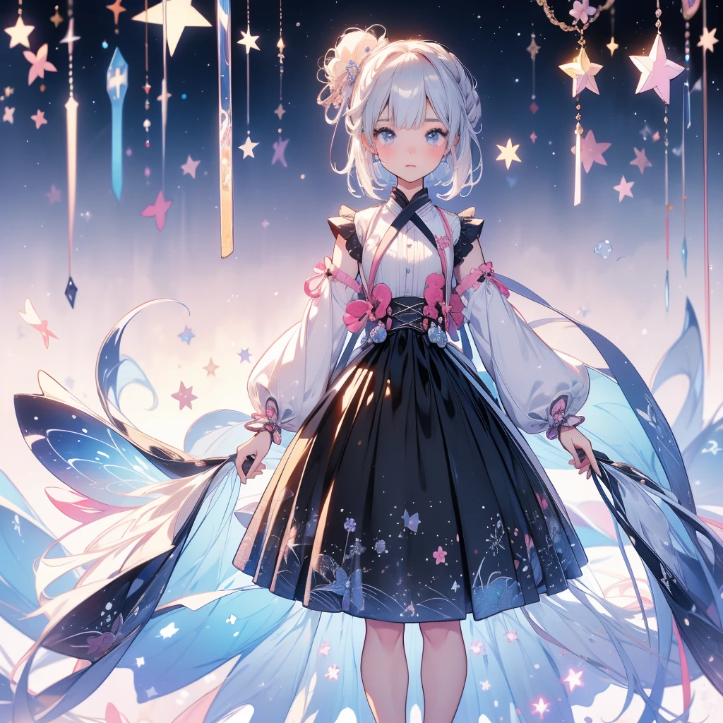 highest quality、8K,handsome face、vtuber-fullbody、視聴者に向かって真っすぐfrontの絵、Star Fairy、全身front立ち絵、front、1girl,highest quality、masterpiece、official art、Super detailed、super beautiful、かわいいStar Fairy、white straight short hair、Milky Way、universe、star charm、star、、Knee-high boots、Japanese pattern dress、A beautiful girl wearing black and white clothes that are a remake of a yukata.、universeを思わせる花魁フリルドレス、simple background、