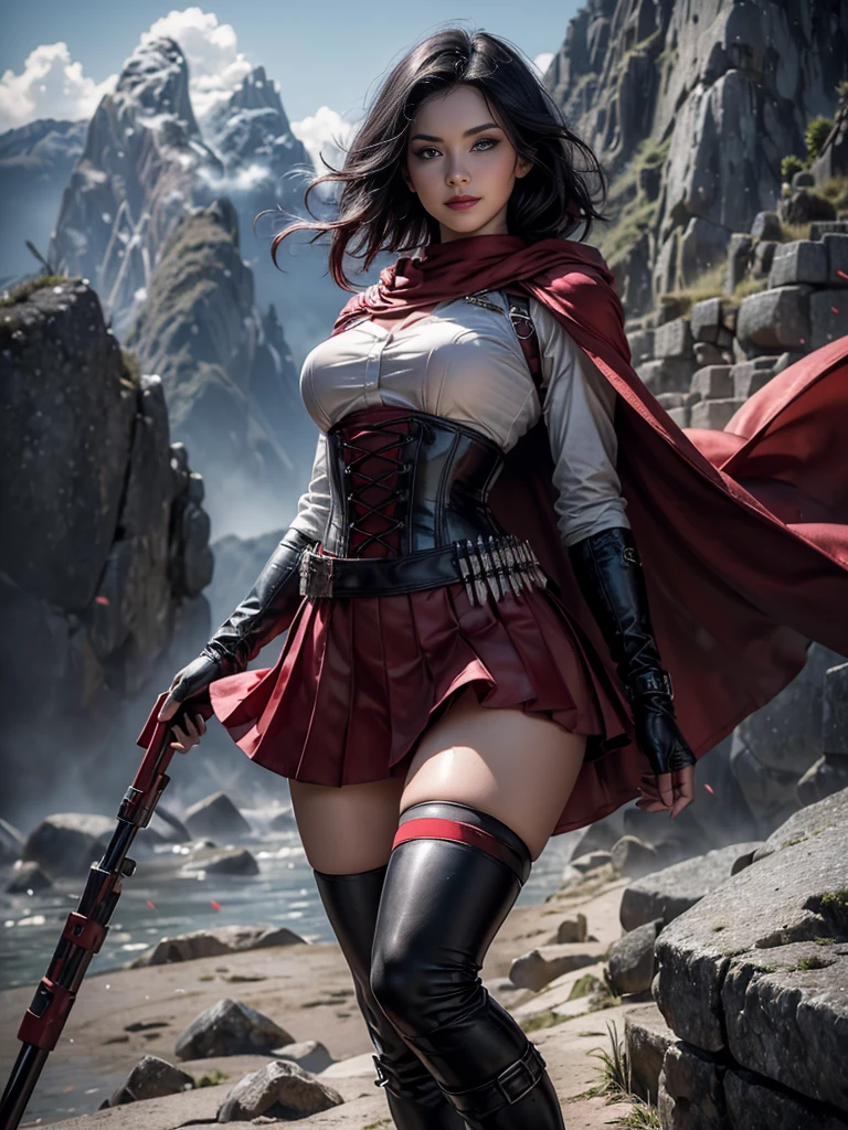 (masterpiece,stunning girlfriend, (standing:1.1), dynamic pose, heart shaped face,elegant face, beautiful face, highly detailed face, highly detailed skin, skin pores, subsurface scattering, realistic pupils, loving smile, looking at viewer, full lips, detailed background, depth of field, atmospheric perspective, volumetric lighting, sharp focus, absurdres, realistic proportions, good anatomy, (realistic, hyperrealistic:1.4), 16k hdr, 1girl,atlasrose, (short black hair), gradient hair, grey eyes, red cape, white shirt, pantyhose, belt, red skirt, corset, thigh boots, fingerless gloves,masterpiece,best quality,extremely detailed, standing outdoors, Machu Picchu, peru, rose petals, wind,