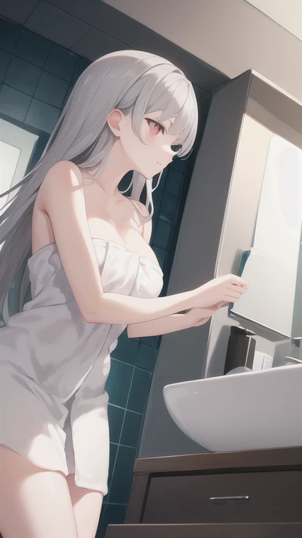 (gray hair:1.3),long hair,medium breasts,red eyes,(straight hair:1.2),(naked towel:1.3),cleavage,cowboy shot,straighten hair,indoors,Bathroom,, ((((masterpiece)))),(((very detailed))),(((High resolution))),((excellent anatomy)),(((highest quality))),((very delicate and beautiful)),((very detailed and delicate)),((8k cg wallpaper)),((figure)),Urgent 1