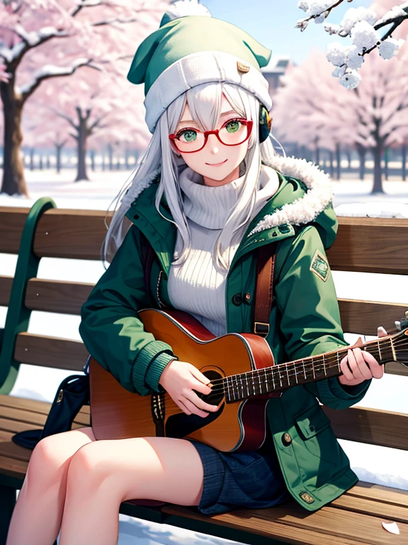 1girl, masterpiece, snow, white hair, green eyes, smiling, winter jacket, hair accessories, wear headphone, glasses, Beanie hat, playing guitar, sit on Park bench, Cherry blossom tree