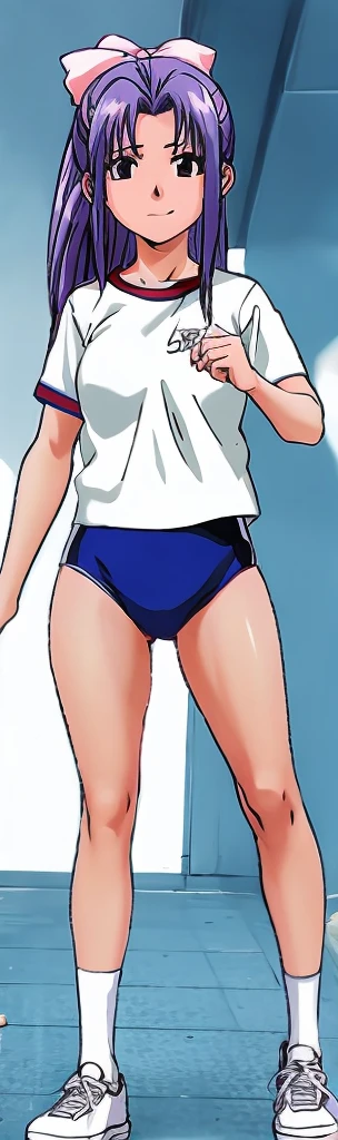Momoko Koigakubo, who is tall and has beautiful legs, is wearing white gym clothes and bright blue panty-shaped bloomers, smiling and standing with her legs spread to the side and her mouth open.。Doing Comanechi pose。blush。