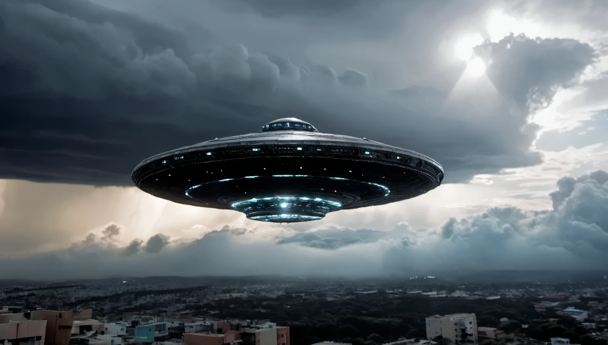 DSLR photo of a Colossal UFO Starship alien mothership, bleakfaith, ,surrounded by clouds,science fiction,panorama of Mexican  metropolis below, highly detailed, sharp definition ,cinematic,50nm dof,bokeh,realistic,sharp focus,ultra detailed,128k uhd,awardwinning,trending on artstation, 