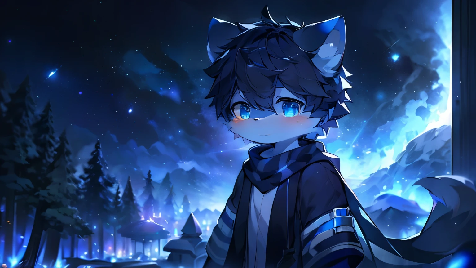 dark orange moonlight,dim orange neon light,night, wolf furry,,male,black skin,,,,,,,Goggles with yellow lenses, light blue eyes, and a scarf. One person, space, galaxy, brillian