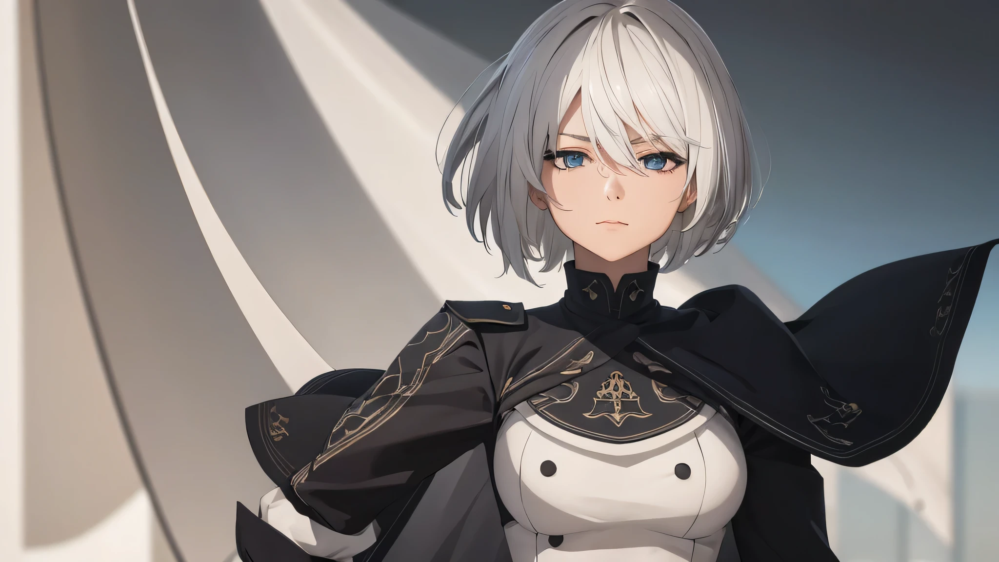 extremely detailed CG unity 8k wallpaper), (masterpiece), (best quality), (ultra-detailed), (best illustration), (best shadow), (absurdres) ,(detailed eyes), 2b, 1girl, short hair, white hair, solo, Intimidating women, admiral uniform, night, hero pose, white clothes, General Uniform, Military Uniform, Sunlight, exposed to sunlight,commander, fighting pose, wearing cape