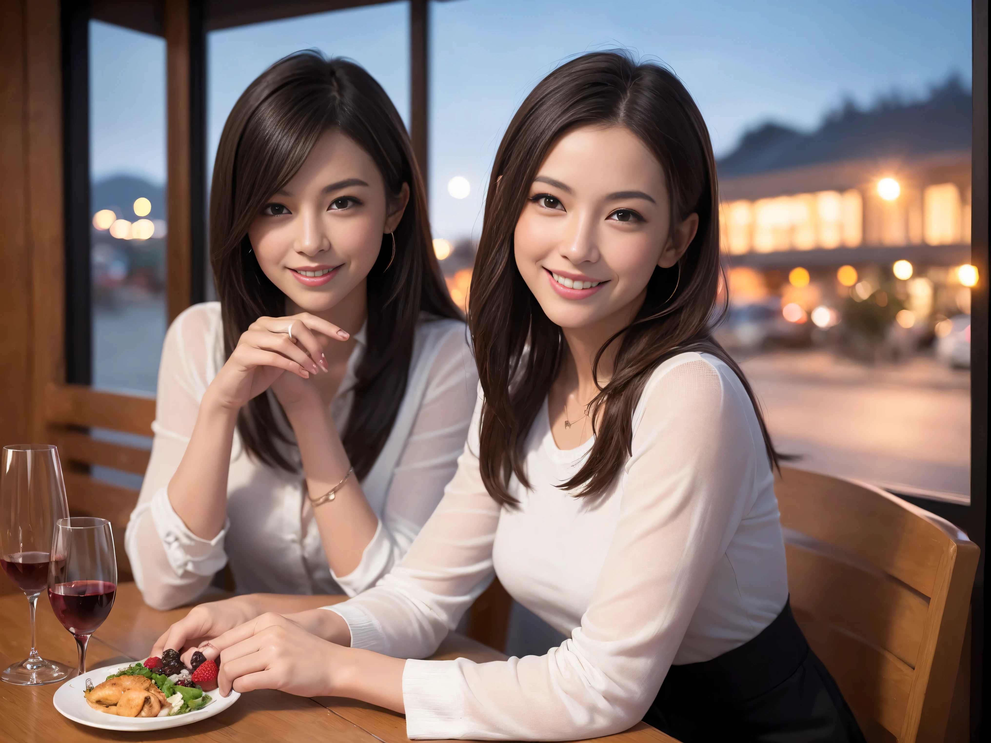 K, UHD, highest quality, masterpiece: 1.2), (realistic, photorealistic: 1.37), Spectacular view of the sunset sky and clouds、Amazing mountain views、A bright smile、3 slim beauties, (slim face),Happy、 the best smile、Fox face、Berry Short、charming beauty witch, (brown hair), (shortcut), long sleeve shirt、winter fashion、Japanese、Dutch、German、Portuguese、Belgian、Italian、French,Champagne、sparkling wine、 (gush out), (slim body), (brown hair), (shortcut), neat beauty、cheeks turn a little red, (43 years old), 39 years old, alone, A beautiful and detailed night view spreads out outside the window...., restaurant, wine glass is sitting, At night, in a prominent place (from the Upper body) nova frog style, actress, model, Upper body, White wine, slim, wine glass, Very beautiful night view, wine glass Put in the Middle, Happy smile, (smile: 1.15),