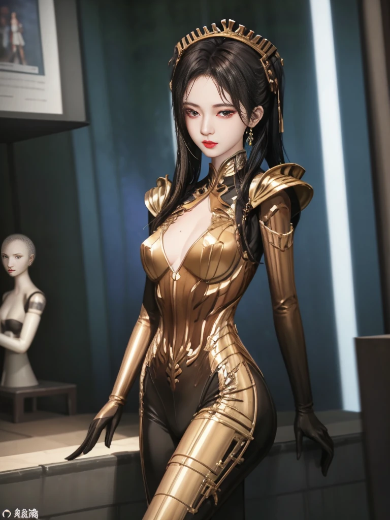 A woman wearing a helmet stands in front of a group of mannequins, Ju Jingyi Cyberpunk Art, Computer Graphics Association, retro-futurism, daz 3d, PS1 Graphics, dystopian art