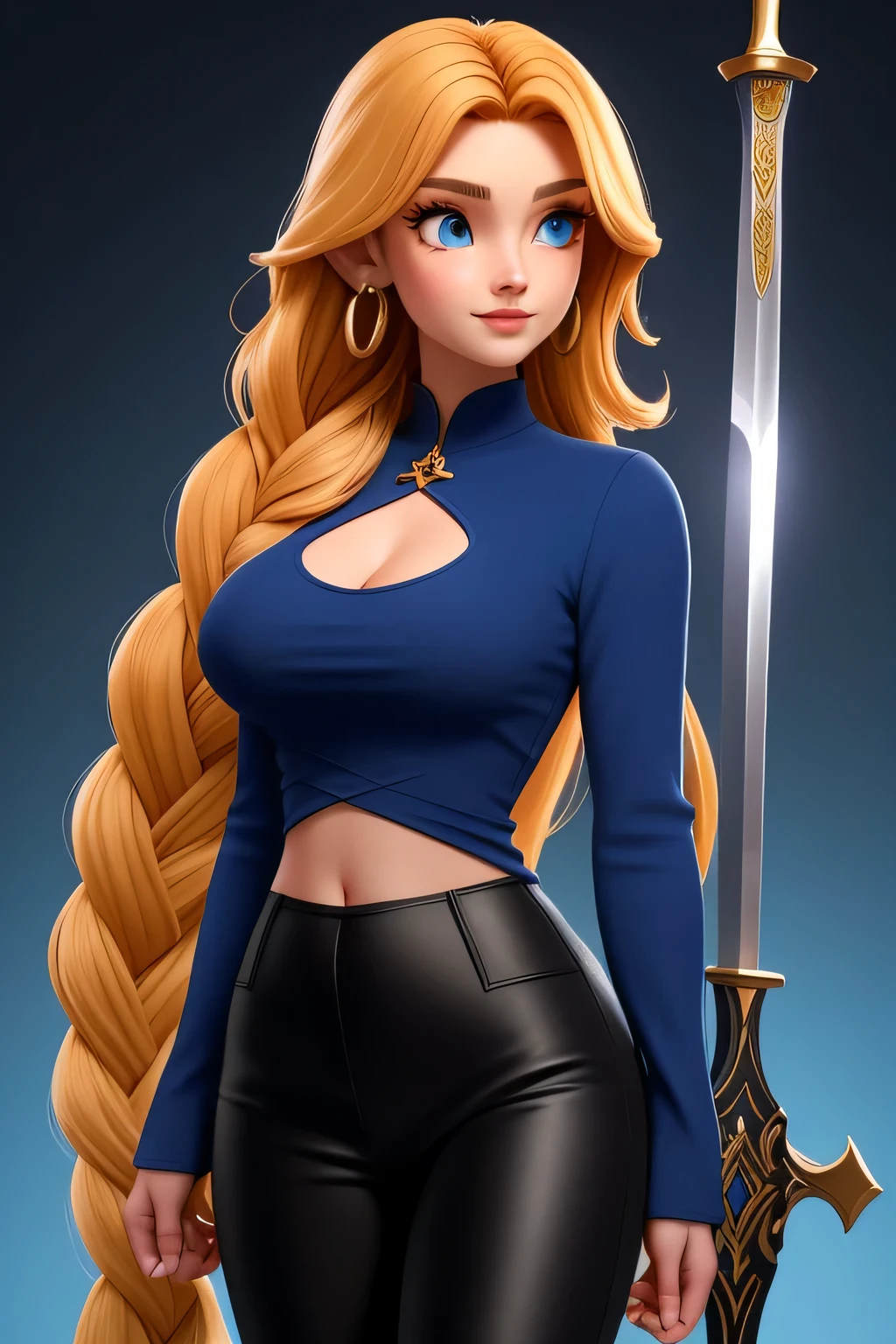 Tall girl big chest long yellow hair behind a Mencho braid her ear Bright blue eyes big eyelash dresses medieval blue top long sleeve shows sexy navel and her tight black pants carry a sword back