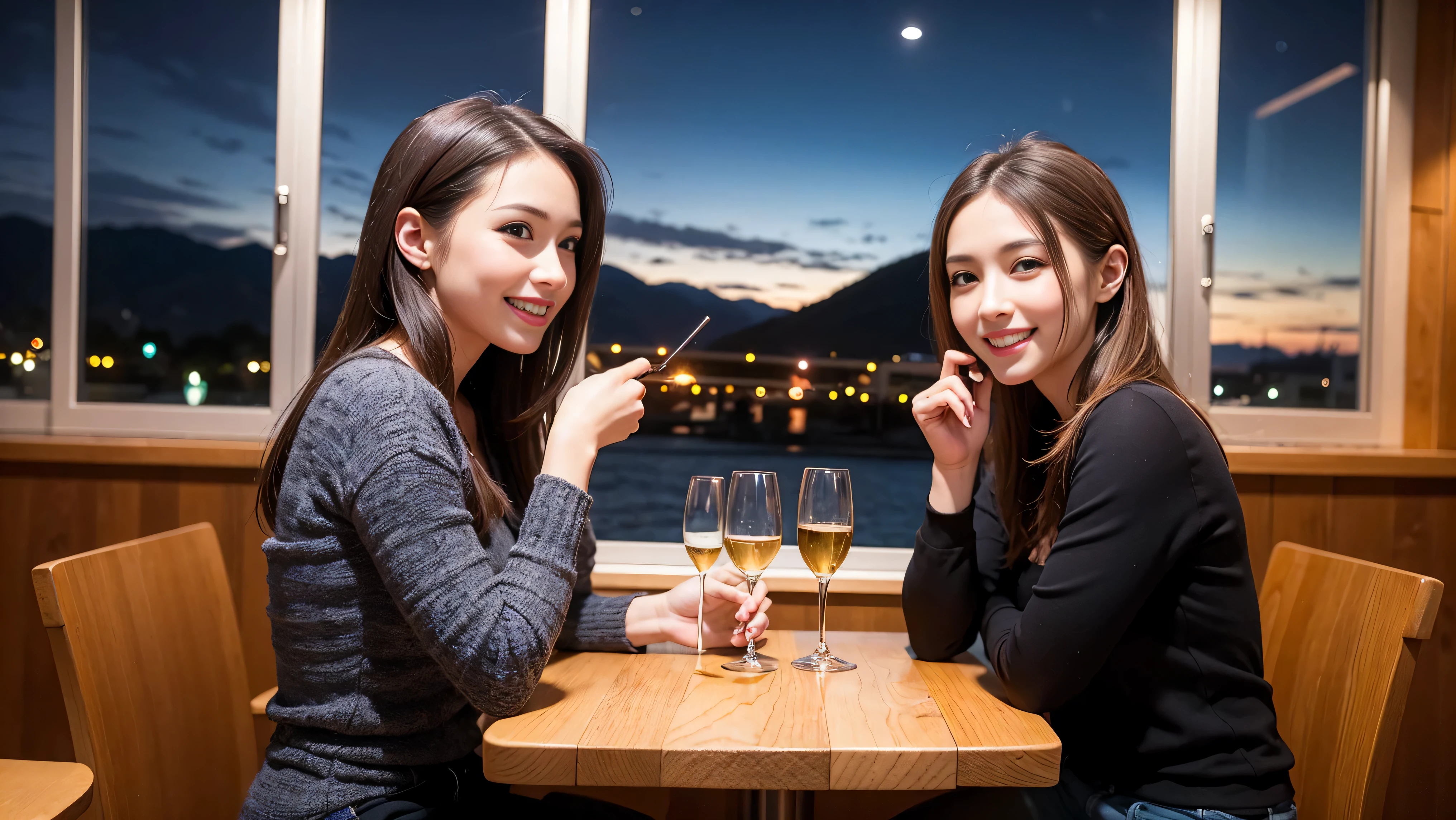 K, UHD, highest quality, masterpiece: 1.2), (realistic, photorealistic: 1.37), Spectacular view of the sunset sky and clouds、Amazing mountain views、A bright smile、3 slim beauties, (slim face),Happy、 the best smile、Fox face、Berry Short、charming beauty witch, (brown hair), (shortcut), long sleeve shirt、winter fashion、Japanese、Dutch、German、Portuguese、Belgian、Italian、French,Champagne、sparkling wine、 (gush out), (slim body), (brown hair), (shortcut), neat beauty、cheeks turn a little red, (43 years old), 39 years old, alone, A beautiful and detailed night view spreads out outside the window...., restaurant, wine glass is sitting, At night, in a prominent place (from the Upper body) nova frog style, actress, model, Upper body, White wine, slim, wine glass, Very beautiful night view, wine glass Put in the Middle, Happy smile, (smile: 1.15), 