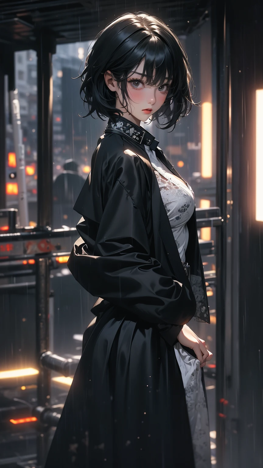 ((Highly detailed CG unit 8k wallpaper, masterpiece, High resolution, highest quality, highest qualityのリアルテクスチャスキン)), ((Hands in pockets pose:1.5, Fashion model posing with her back turned:1.2, A cool NY fashion girl influenced by nostalgic and inorganic mode fashion., detailed costume:1.2, Black complex lace layered maxi skirt and rider jacket combination:1.3, Monotone fashion, short hair, Nana Komatsu, hair wet with rainwater:1.3)), ((blurred background:1.2, An empty back alley with black and white graffiti art:1.2, Rain-soaked road surface)), ((Angle from above:1.3, Fisheye Shot:1.5)), hyper realistic, digital painting, concept art,