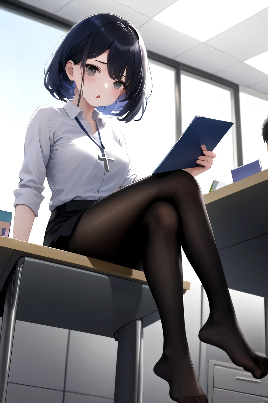 masterpiece, highest quality, High resolution, 1 girl、I&#39;m not wearing shoes、No shoes、 sitting cross-legged, office lady、hairstyle short cut、、black tights
