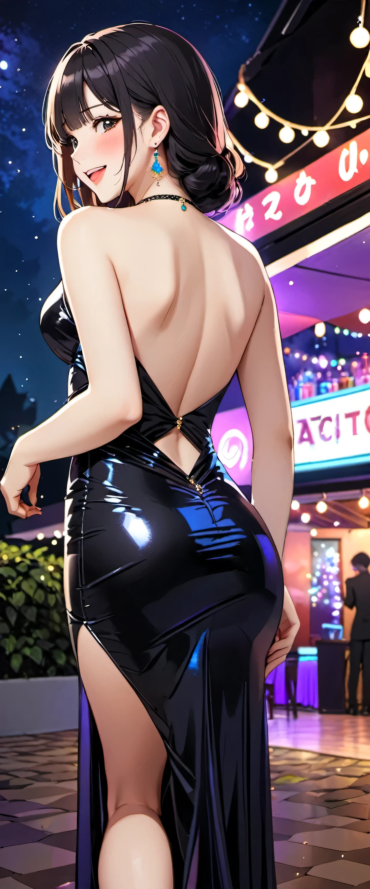 woman,20-year-old,,party venue,night,(((sexy dress with decorations))),,open mouth smile((black hair)),blush、,((())),((turn around and look back))()Reflecting the buttocks