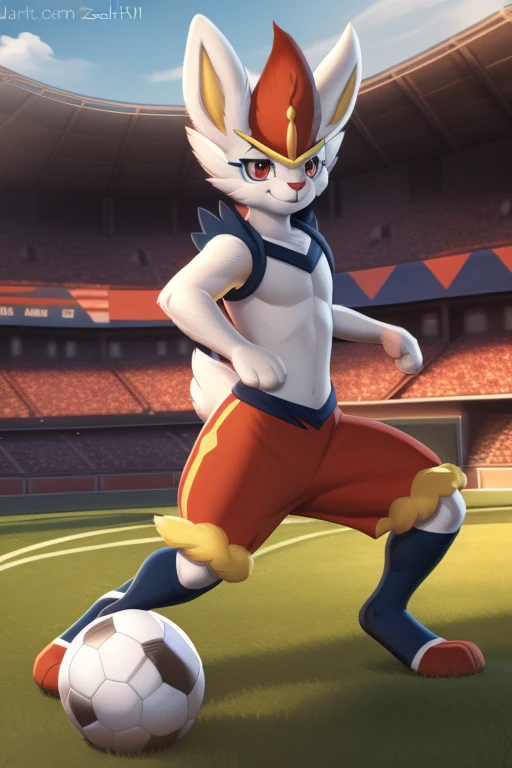 cinderace, red eyes, (posing:1.3), (soft shading), 4k, hi res, five fingers, detailed hands, ((detailed face, (detailed eyes:1.0), detailed)), by zackarry911, by zaush, (by personalami:0.5), soccer field, grass, soccer ball, rabbit tail,  stadium, muscle 