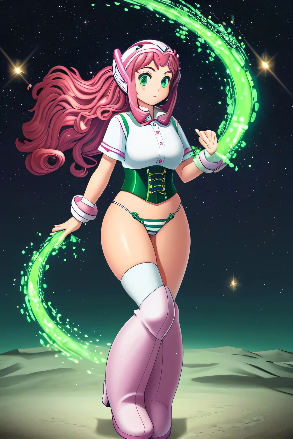 Space girl polo tall big chest long pink curly hair light wave her green eyes she wears a metallic pink corset and her white thong inside her leg blue striped socks she wears white metal space boots and she wears her head pink helmets outside green protection