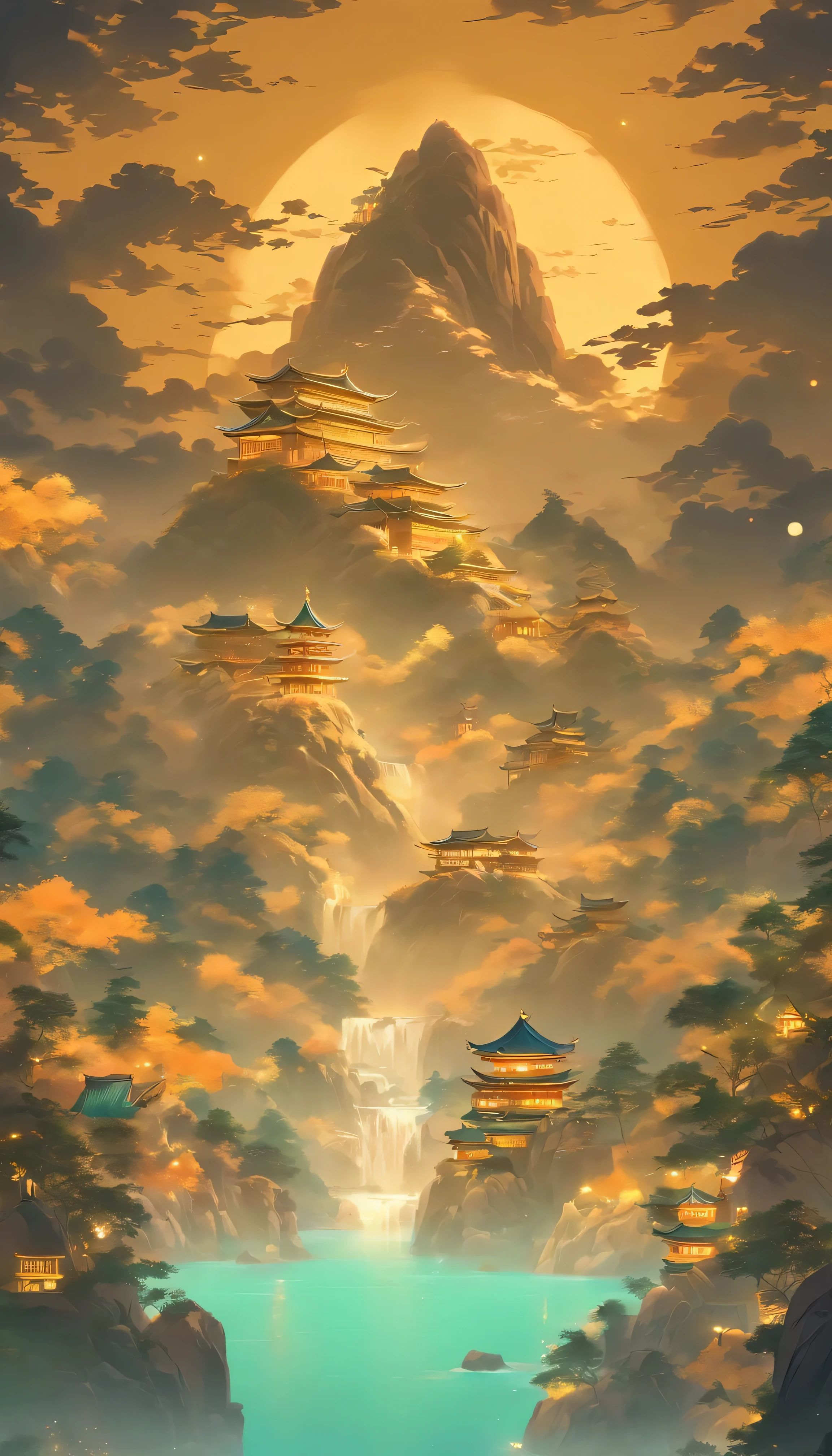 unmanned , outdoor , night , Dream ,( dense teeth :1.4), full moon , Mountain , river , Golden Bough , Sky , golden decoration ,
( Minimalism :1.4), Chinese classical art , Huanglong on Mountain , movie poster , minimalist background ,。.3d, clean screen ,
 best quality , perfect lighting , masterpiece , official art ,8K, Walpal files are huge , Huge file size , super detailed , Overclocked renderer ,
 Symmetric shopping ,