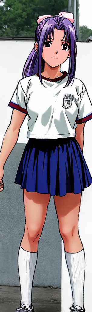 Momoko Koigakubo, who is tall and has beautiful legs, is wearing white gym clothes and bright blue panty-shaped bloomers, smiling and standing with her legs spread to the side and her mouth open.。Doing Comanechi pose。blush。