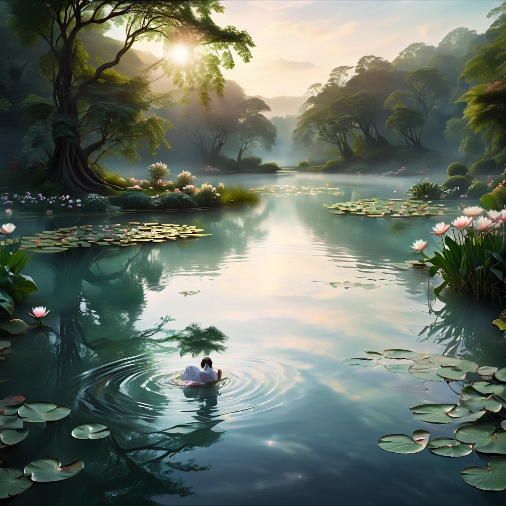 (best quality,4k,8k,highres,masterpiece:1.2),ultra-detailed,(realistic,photorealistic,photo-realistic:1.37),a girl by the pond,dusk lighting,serene atmosphere,ripples in the water,magical mist,faint reflections,peaceful ambiance,natural colors,long flowing hair,feminine grace,ethereal glow,twinkling stars,whispering wind,tranquil setting,soft shadows,romantic scenery,gentle breeze,delicate flowers,enchanted surroundings,subtle elegance,serenity in nature,sublime beauty,subdued tones,dreamlike effect,water lilies floating,harmonious composition,vibrant yet serene,subtle tranquility,calm and reflective,graceful posture,moment of stillness,quiet contemplation,surreal landscape,luminous sky,soft pastel hues,silhouette of trees,beauty in simplicity,artistic impression,natural harmony,sublime serenity,subtle beauty,infinite calm,gentle warmth