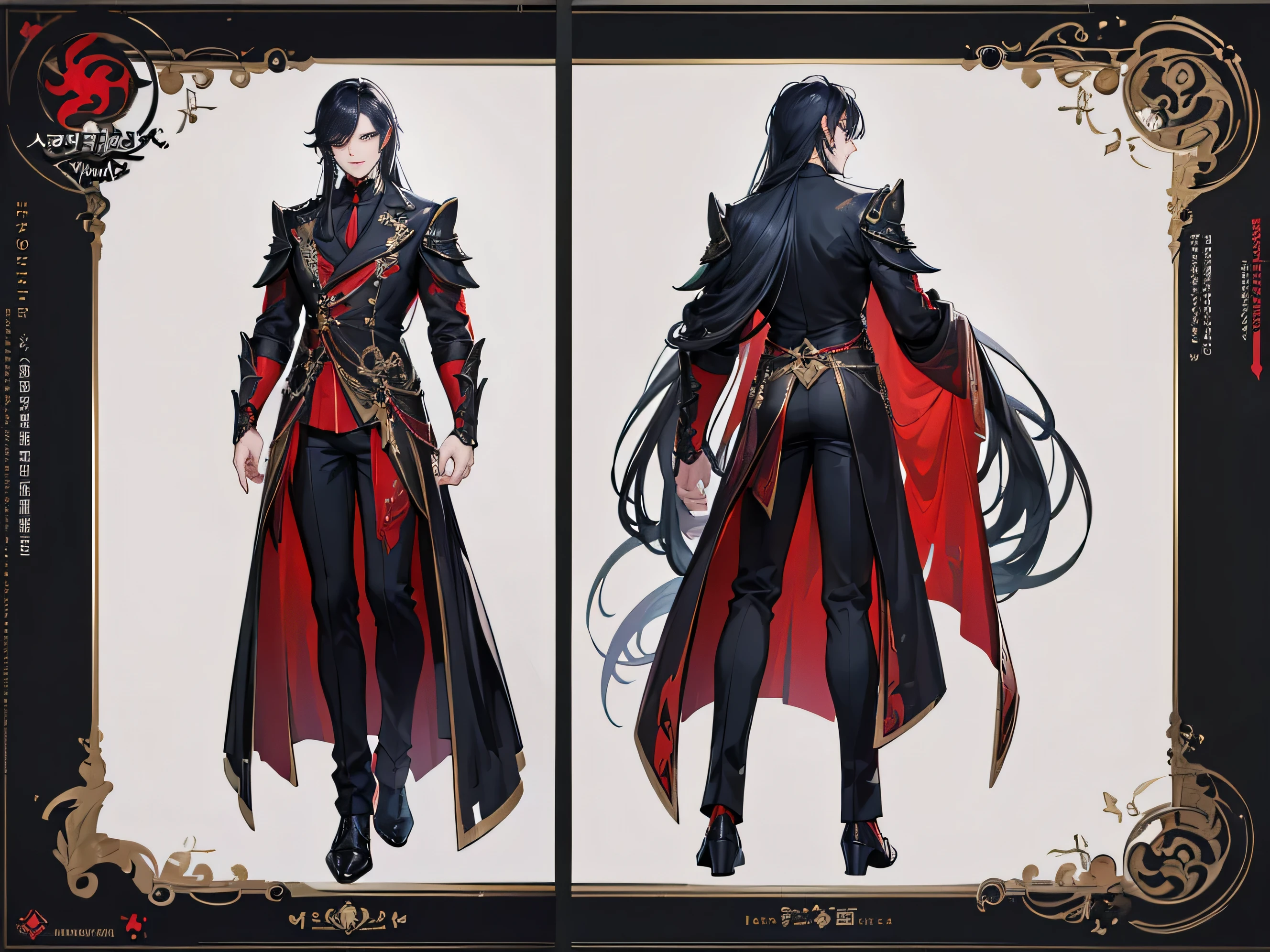 ((Masterpiece, Highest quality)), Male, boy, Detailed face, character design sheet, full bodyesbian, Full of details, frontal body view, back body view, Highly detailed, Depth, Many parts, Muscle boy with black long hair,handsome man, vampire outfit clothes, Genshin Impact, man tall