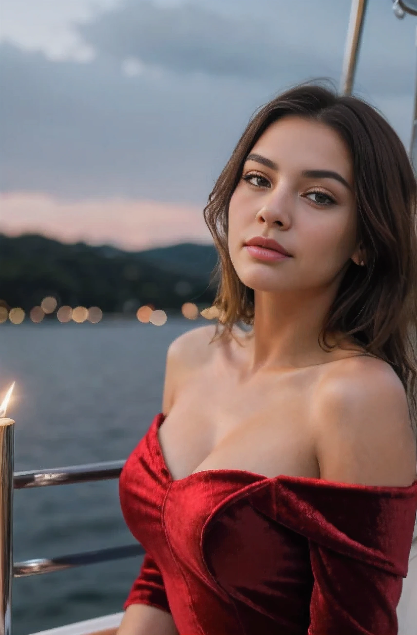 A beautiful girl chooses an elegant off-the-shoulder velvet dress with a thigh-high slit. A faux fur stole adds a touch of glamour. Ambient: The dinner cruise is illuminated by soft candlelight, and guests enjoy gourmet cuisine while sailing through winter waters. The sound of gentle waves and a romantic setting. She has a brown silky hair, big brown eyes, beautiful face, bright facial skin, impression-less, very beautiful Instagram model, realistic image. Dynamic composition, motion, ultra - detailed, incredibly detailed, a lot of details, amazing fine details and brush strokes, smooth.