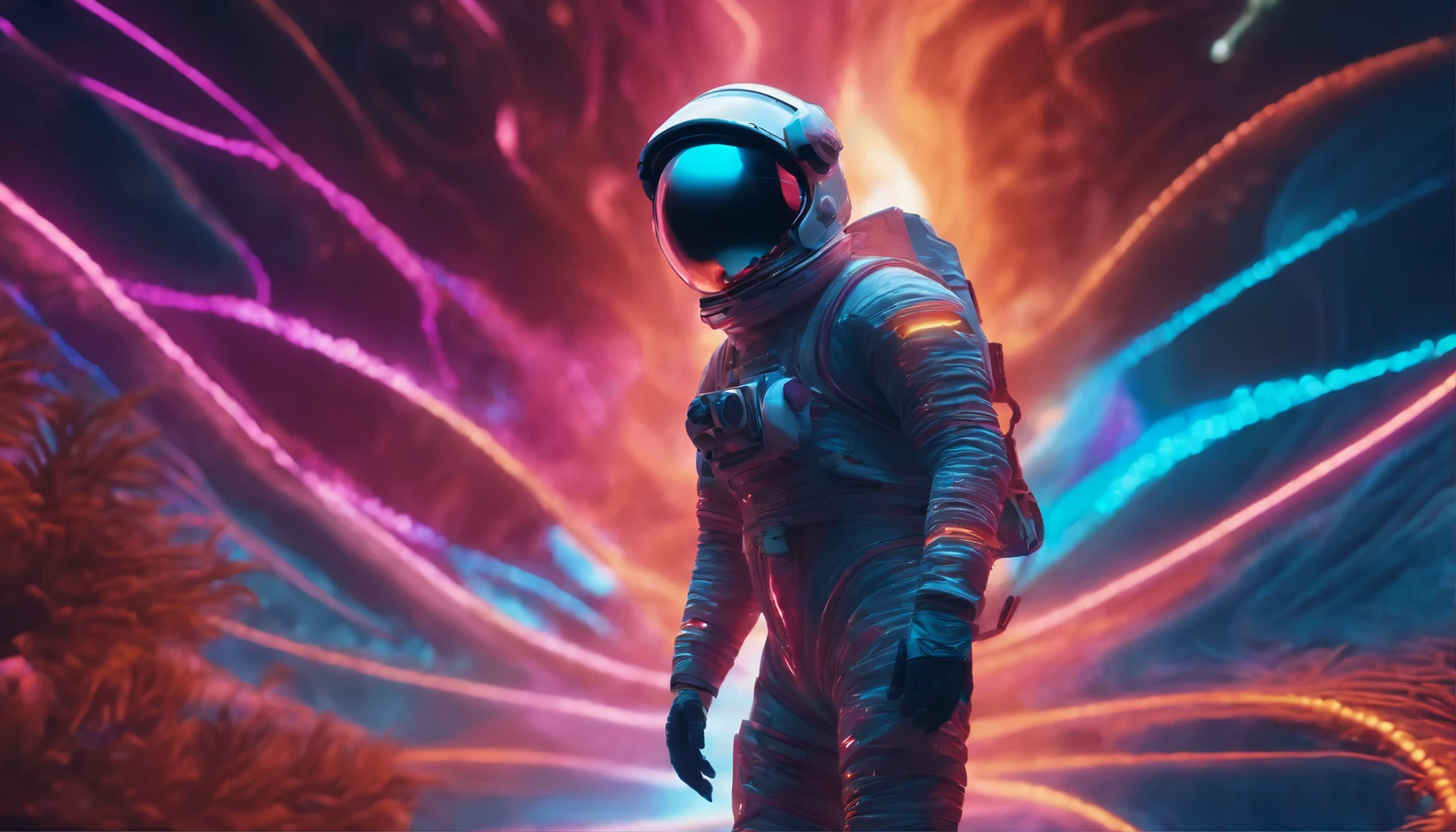 A cybernetic astronaut floats in a surreal landscape of neon fractals and glowing glyph patterns.