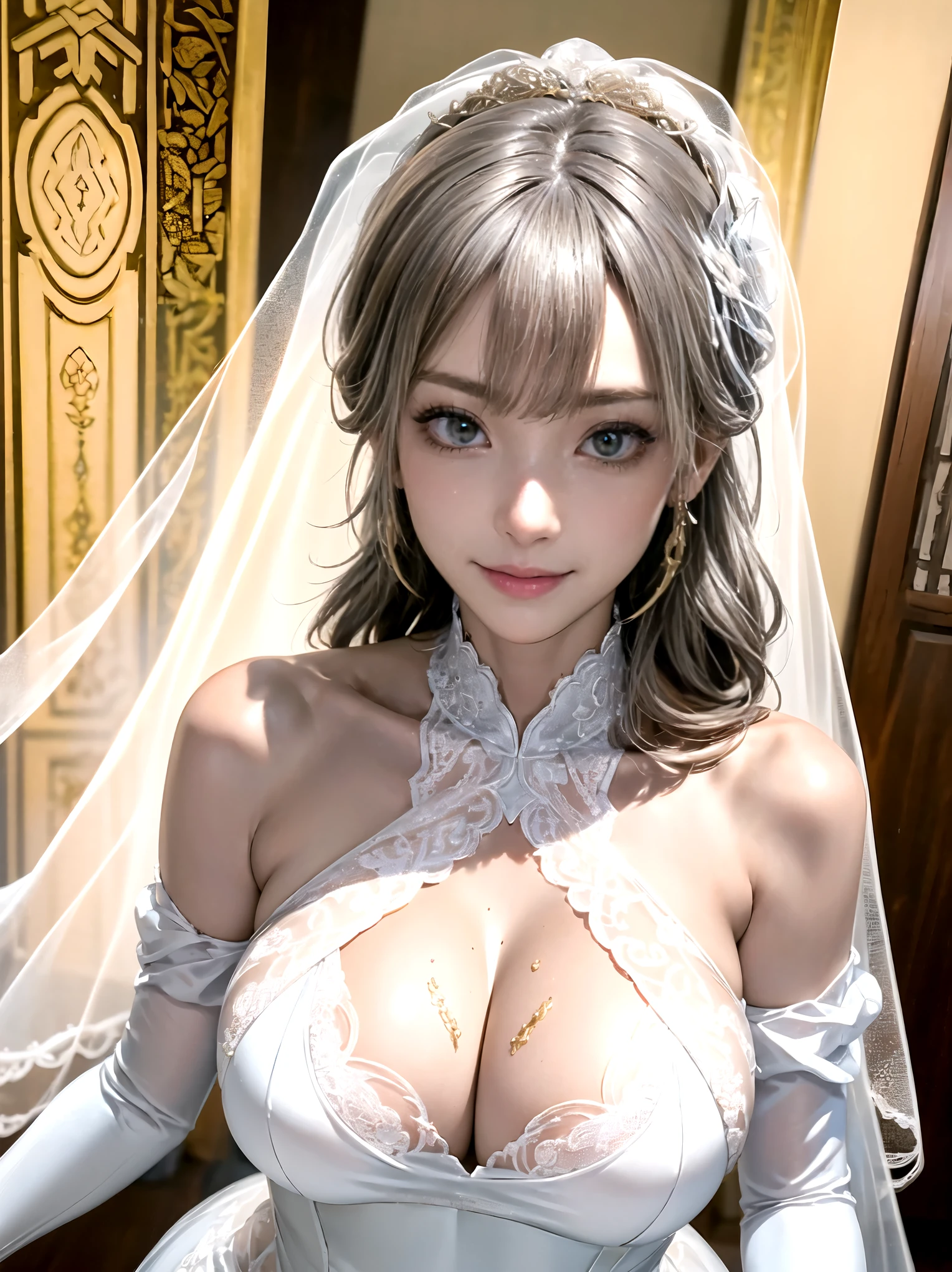 SFW, (1.woman, alone),8K, ((table top)),(((highest quality))),((Super detailed)),((((realistic)))), Photoreal:1.37, (超realistic), (enlightenment), (High resolution), (very detailed), (The best enlightenmentns), (beautiful and detailed eyes), (Super detailed), (wallpaper), (detailed face), (Beautiful smile), (beautiful expression), ((詳細 highest qualityのスキン:1.2)), ((moisturized skin)), ((bright red blush)), ((In the full body photo:1.2)), perfect nwsj serious, (zentangle, mandala, tangle, get tangled) , holy light ,gold foil, gold leaf art, glitter drawing, perspective, ((full body details)), soft light, Raw photo、1 girl、silver hair、ponytail、glowing skin, ((Wearing a gorgeous bridal costume)), ((light tulle sheer wedding dress, white lace wedding veil, white lace gloves)), big breasts, heavy chest, thin waist and thin legs, tight round buttocks、1 Super Beautiful College Girl、((Super realistic details))、global illumination、Shadow、octane rendering、super sharp、very intricate details、realistic light、Trends in CG society、beautiful eyes、shining eyes、towards the camera