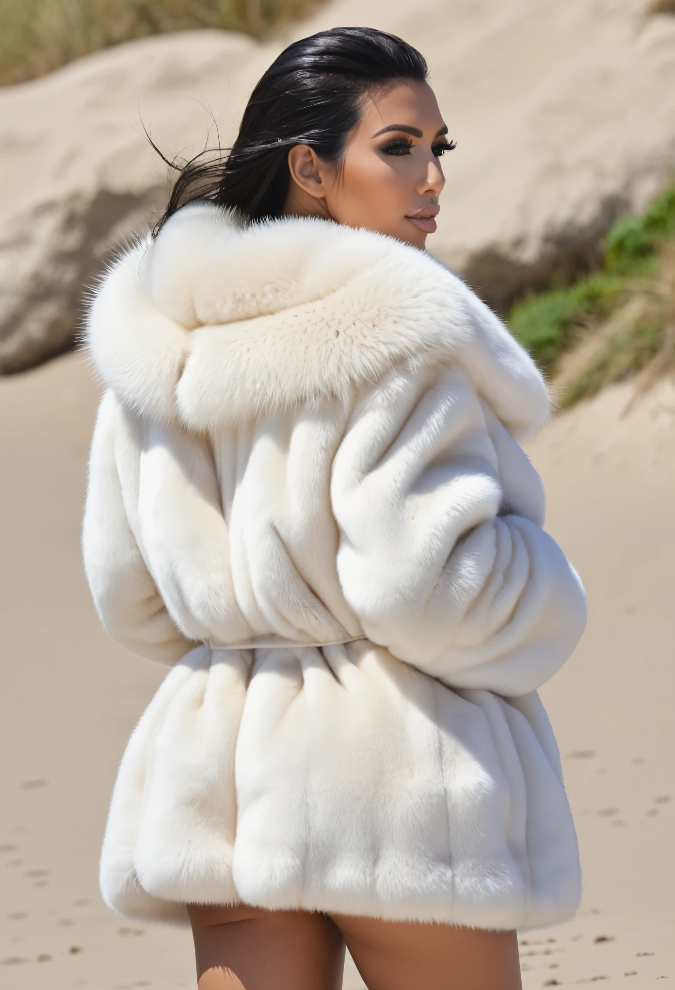 A very wide and very thick, very short white mink fur coat, fifty centimeters thick, duveteux, naturel, with an ultra thick white mink fur collar, three layers, sur Kim Kardashian, fully nude back view, bare shoulders, and two large breast discovered by the fur, at sunny Pebble Beach golf