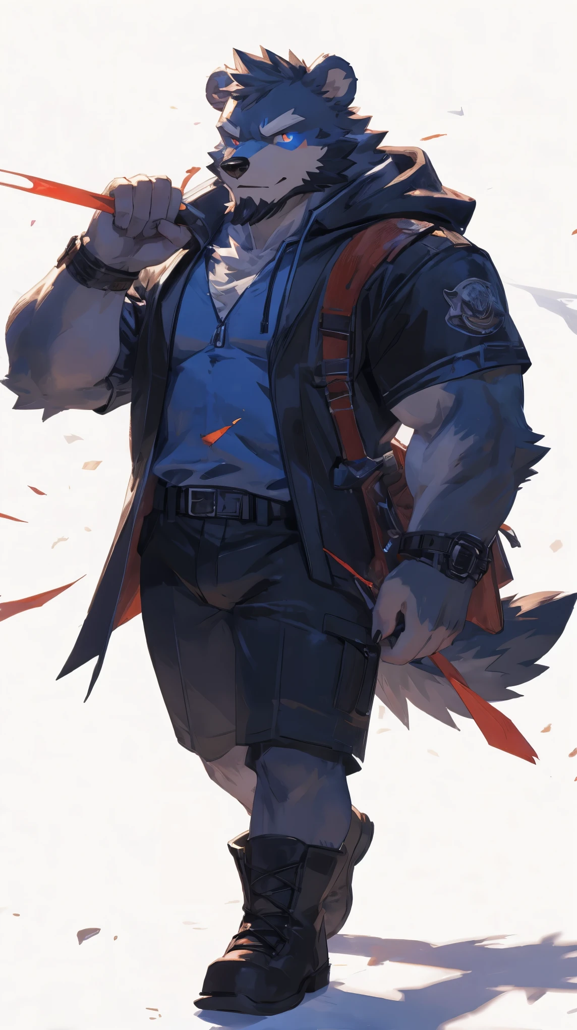 (masterpiece:1.2), best quality,pixiv,official art,perfect anatomy, (Ray tracing, light),solo, (1_male:1.3) , (muscle), (dark fur:1.4), (dynamic poses:1.3), (ultra deTailed), sharp focus, Negi, eyes, (glowing cyan eyes), hairy, (Gray fur:1.4),(muscle bear), (beard:1.3), Tail, Thick eyebrows,open hoodie, naked inside, cargo shorts, boots, ultra deTailed face, high deTails, high quality, (best quality,4K,8K,high resolution,masterpiece:1.2),bright colors, float in the sky, reach hand, (white background:1.3)