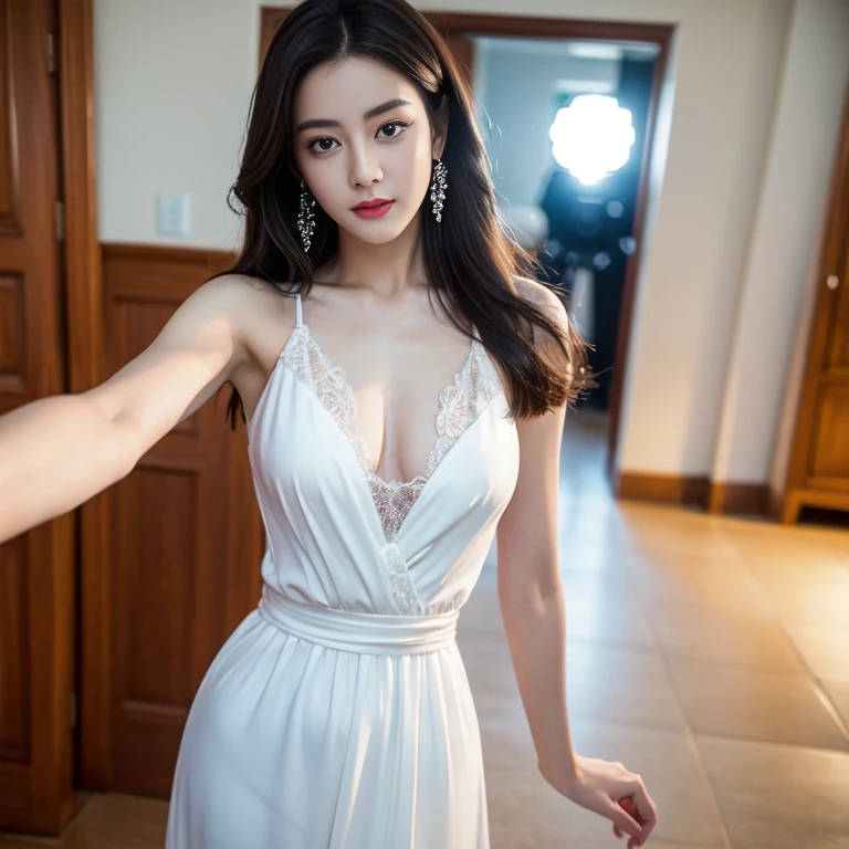 jk, ((cowboy shot)), ((Bare shoulder)), ((Short hemlines, sexy long legs)), ((Elegant and charming posture, random view shots)), realistic detailed photo of a giant breasted girl with exposed shoulders, detailed fingers, high quality skin, red eyes, alone in a winter scene with clouds, wind, and flowing hair, (best quality,4k,8k,highres,masterpiece:1.2),ultra-detailed,(realistic,photorealistic,photo-realistic:1.37),studio lighting,vivid colors