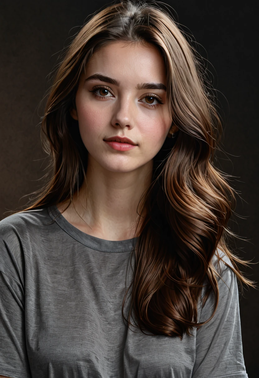 masterpiece, best quality) 1girl, AbbyTLOU2, solo, long hair, looking at viewer, simple background, brown hair, shirt, upper body, parted lips, black background, portrait, grey shirt, realistic