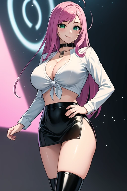 1 girl, 19 years old, Long pink hair, green eyes with slit pupils, master-piece, best quality, (standing up), (white shirt), (long sleeve white front-tie crop top, black leather pencil mini skirt, patent leather high heel boots, cleavage),  (Big , ultra gigantic , Super super big, Glamorous body), Make eye contact with the camera, front figure, looking forward, (light_Smile:1.5), (Detailed hands and fingers:1.2) (Cyberpunk City), (FULL BODYSHOT), thighs thighs thighs thighs、beauty legs、