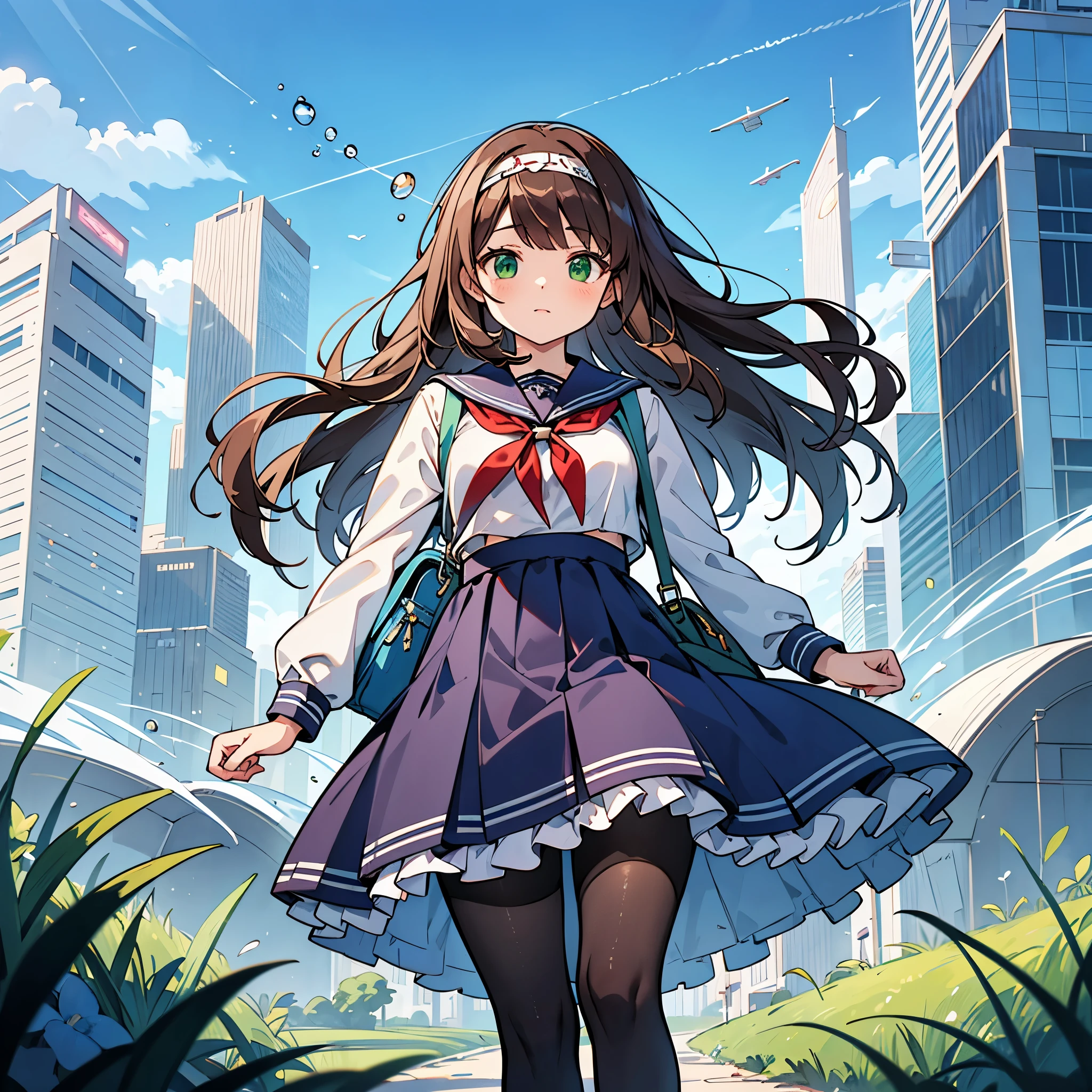 (best quality,4k,highres),ultra-detailed,realistic,portraits, Japaneese school girl, green eyes, long brown hair,anime style,futuristic, Frutiger Aero aesthetic, eco- modernism, bokeh, ribbon headband,small breast,futuristic sailor ****ta dress,puffy sleeves,white and blue,colorful lighting, red ribbon, navy blue pantyhose, school shoes, school bag, school crest, floating bubbles, standing in a green field with futuristic skyscrapers in the background, tertiary colors, highly detailed, 4K.