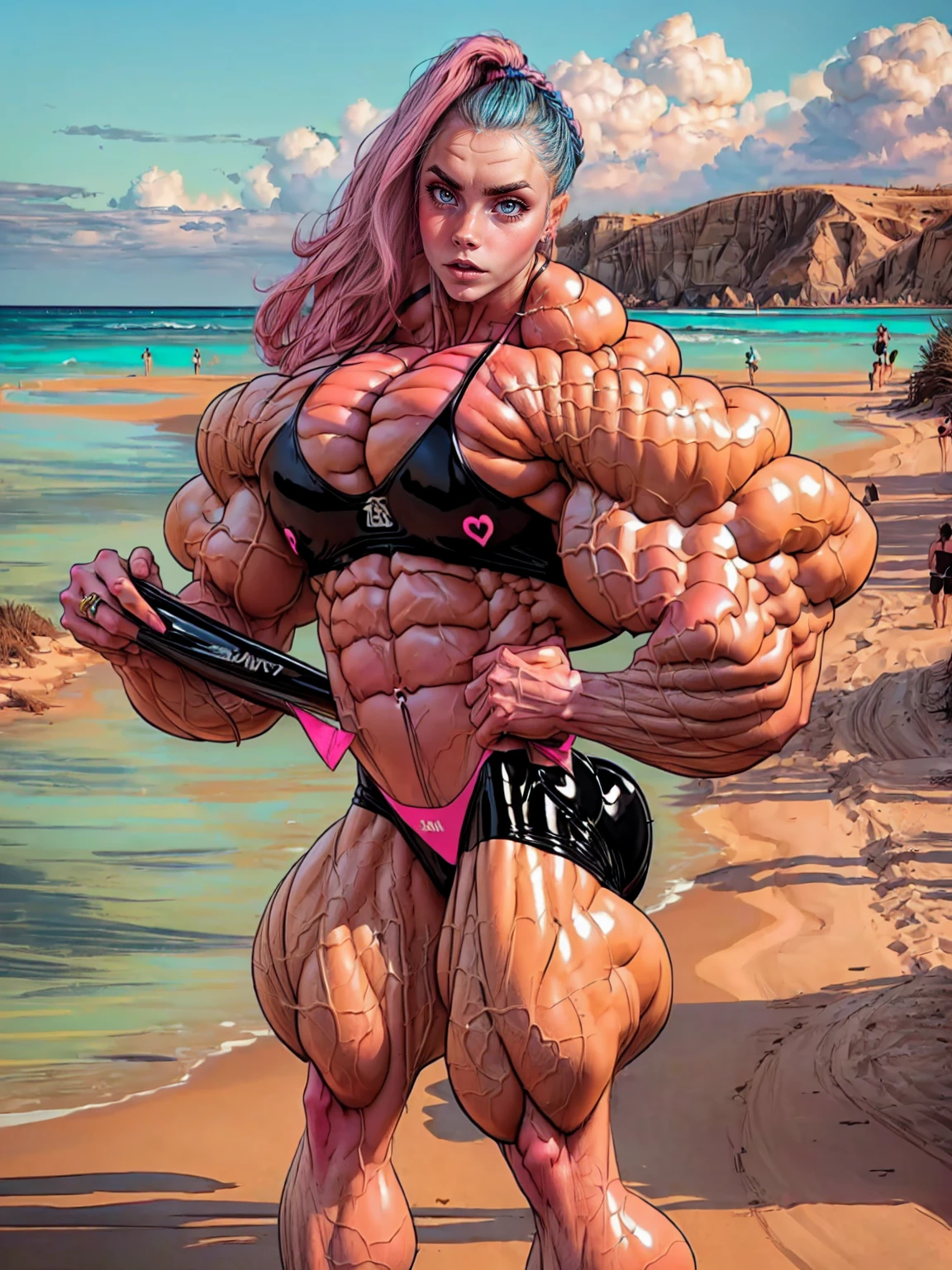 (1 girl:1.25), (cara delevingne:1.25), (a photo of a bodybuilder girl wearing latex panties on the beach:1.25), (long pink hair:1.25), (huge upper body:1.25), (wide shoulders:1.45), (huge muscular arms:1.25,) (10-pack abs:1.25), (skinny legs), Realistic, Very detailed face and eyes, masterpiece