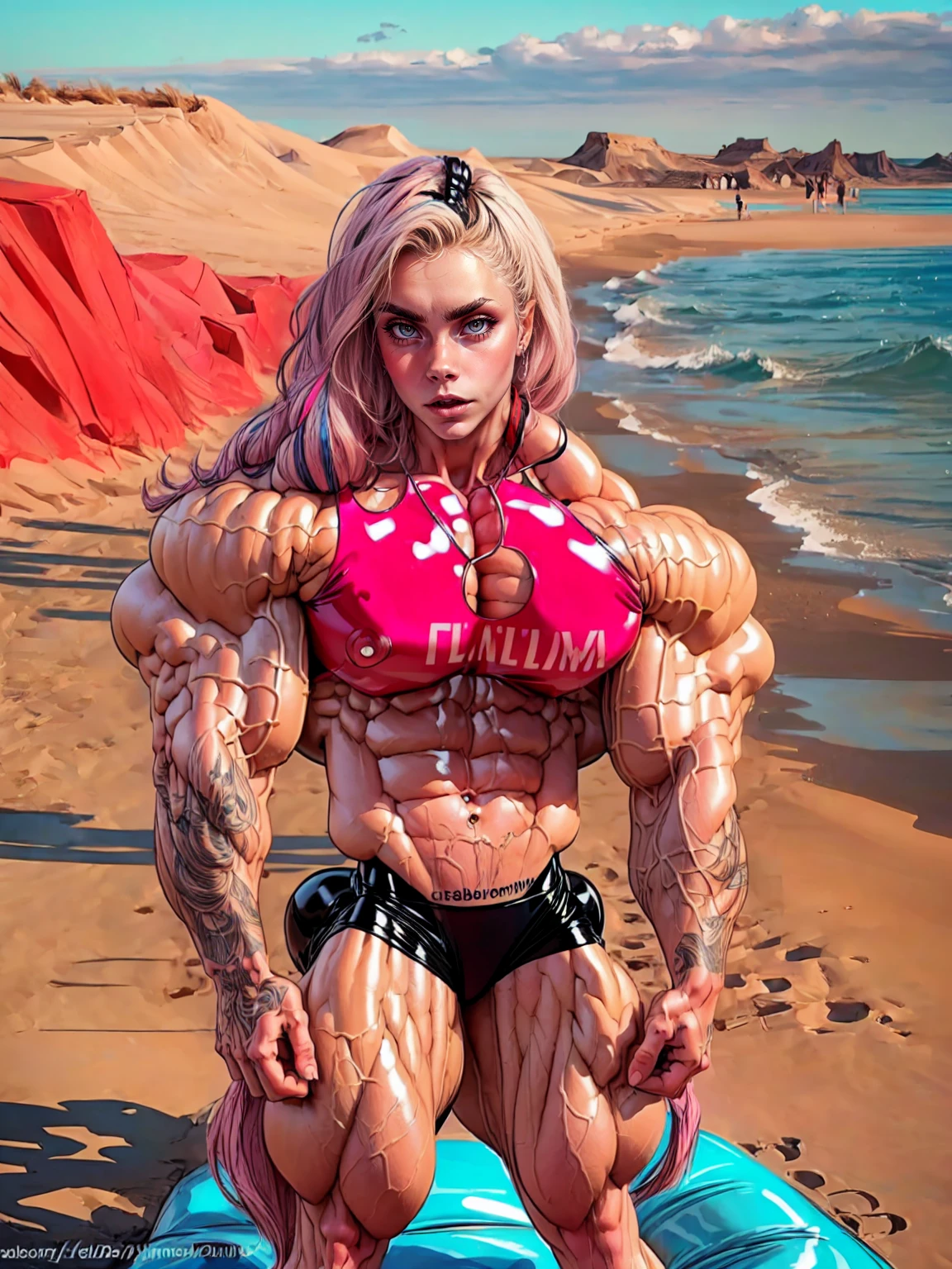 (1 girl:1.25), (cara delevingne:1.25), (a photo of a bodybuilder girl wearing latex panties on the beach:1.25), (long pink hair:1.25), (huge upper body:1.25), (wide shoulders:1.45), (huge muscular arms:1.25,) (10-pack abs:1.25), (skinny legs), Realistic, Very detailed face and eyes, masterpiece