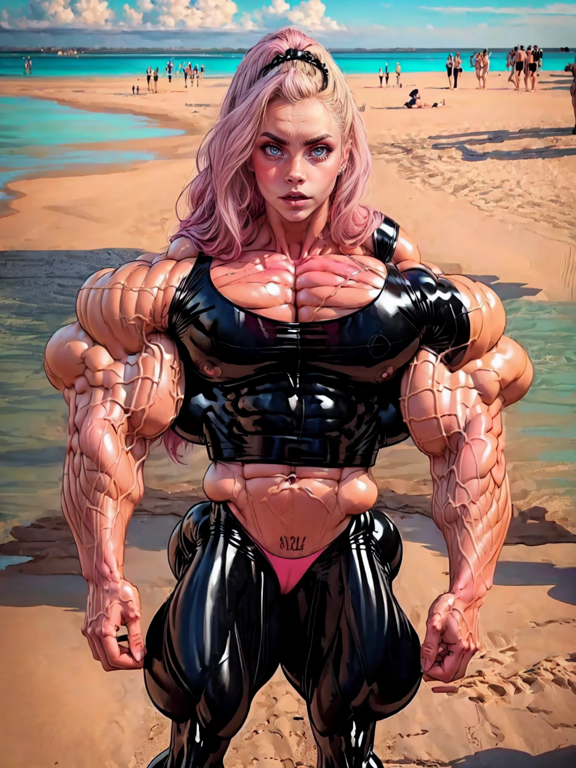 (1 girl:1.25), (cara delevingne:1.25), (a photo of a bodybuilder girl wearing latex panties on the beach:1.25), (long pink hair:1.25), (huge upper body:1.25), (wide shoulders:1.45), (huge muscular arms:1.25,) (10-pack abs:1.25), (skinny legs), Realistic, Very detailed face and eyes, masterpiece