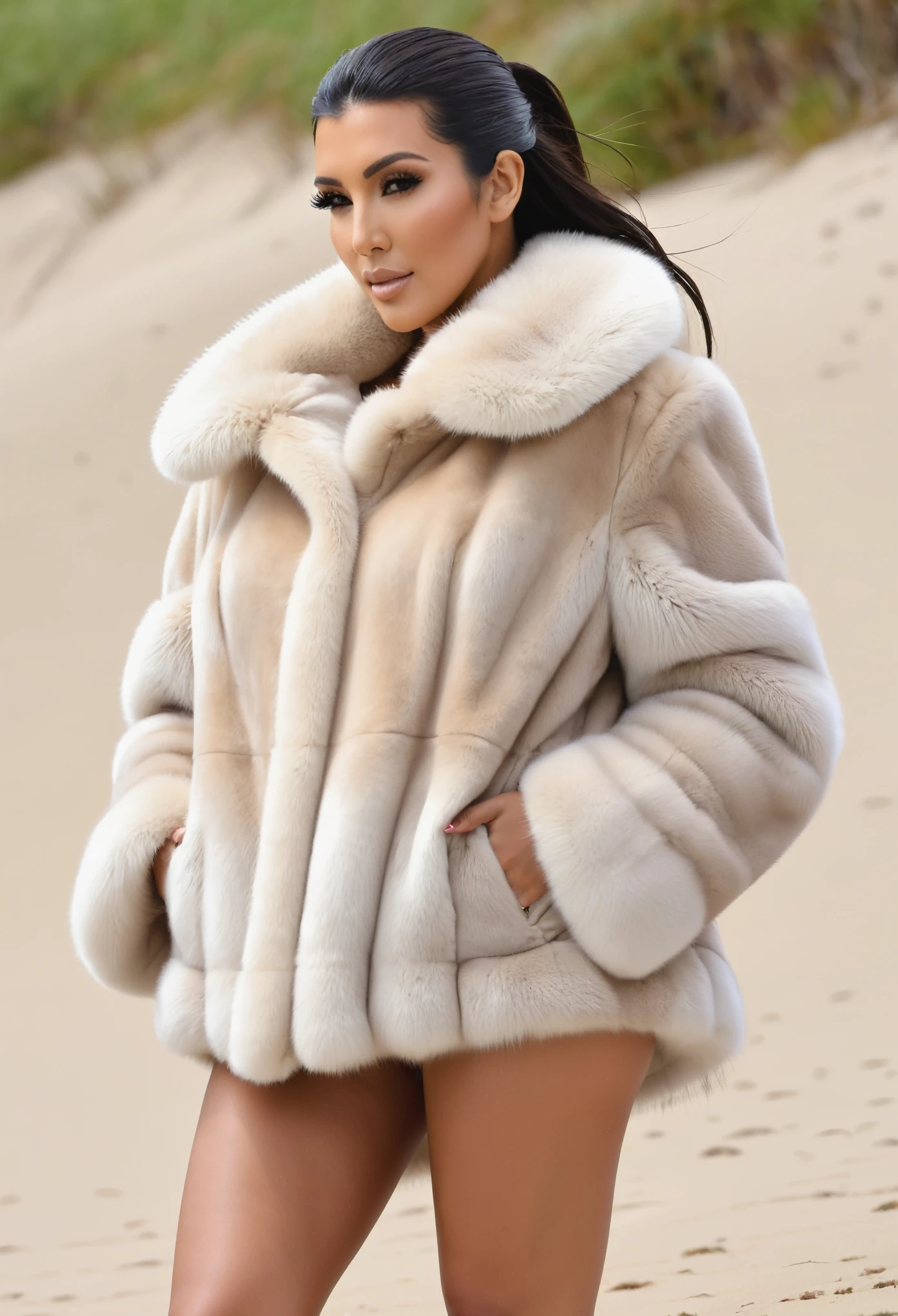 A very wide and very thick, very short sand mink fur coat, fifty centimeters thick, duveteux, naturel, with an ultra thick white and sand mink fur collar, three layers, sur Kim Kardashian, fully nude back view, bare shoulders, and two large breast discovered by the fur, at sunny Pebble Beach golf