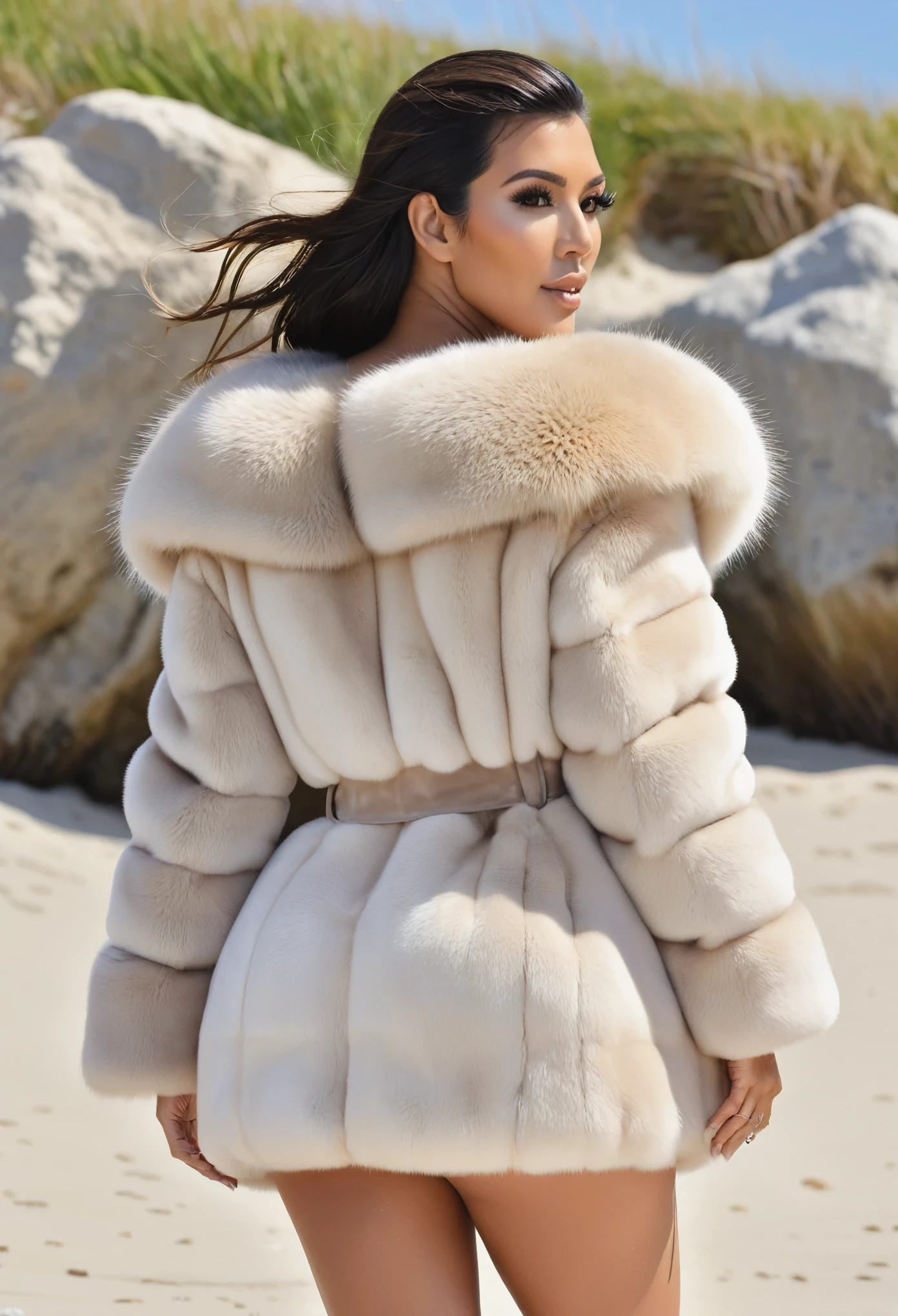 A very wide and very thick, very short white mink fur coat, fifty centimeters thick, duveteux, naturel, with an ultra thick white mink fur collar, three layers, sur Kim Kardashian, fully nude back view, bare shoulders, and two large breast discovered by the fur, at sunny Pebble Beach golf