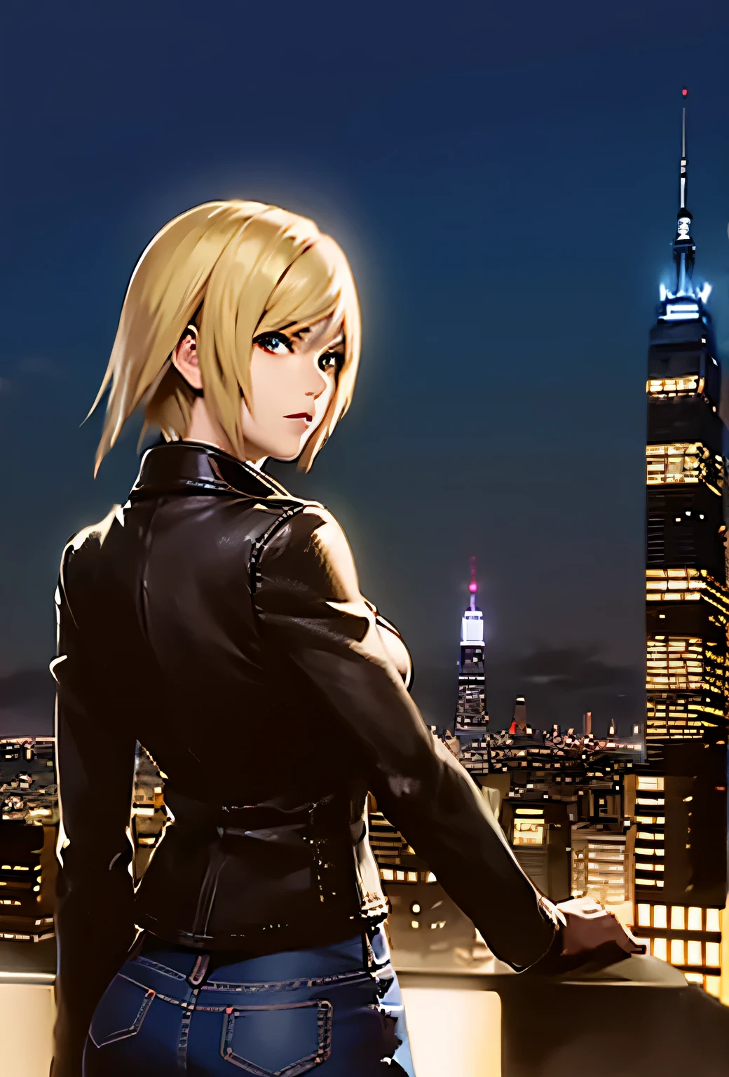 （Parasite Eve（Aya Brea Blonde short hair　Leather jacket　jeans））（backgroundAmerican Townscape　Empire State Building　Beautiful lights at night）