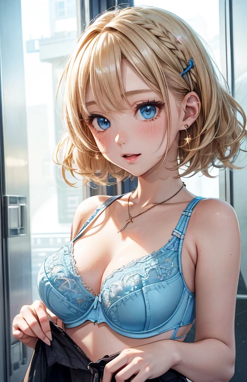 absurd, super detailed,bright colors, very beautiful detailed anime face and eyes,look straight,(sleeveless lift:1.6),(Fashionable bras:1.5) ,short hair屋内で, look at the audience,(You can see the starry sky from the window:1.2),(Looks like fun:1.4), ribbon, window,Close ~ eyes,open your mouth,feet outside the frame, Depth of the bounds written, 25 years old,short hair, asymmetrical bangs, Blonde short twin tails, shiny hair, delicate beautiful face, blush、blue eyes, white skin, Barrette, earrings, necklace,night scene