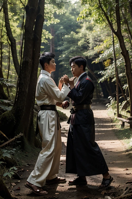 Two Asian men fighting in a deep forest wearing hanbok, a traditional uniform.