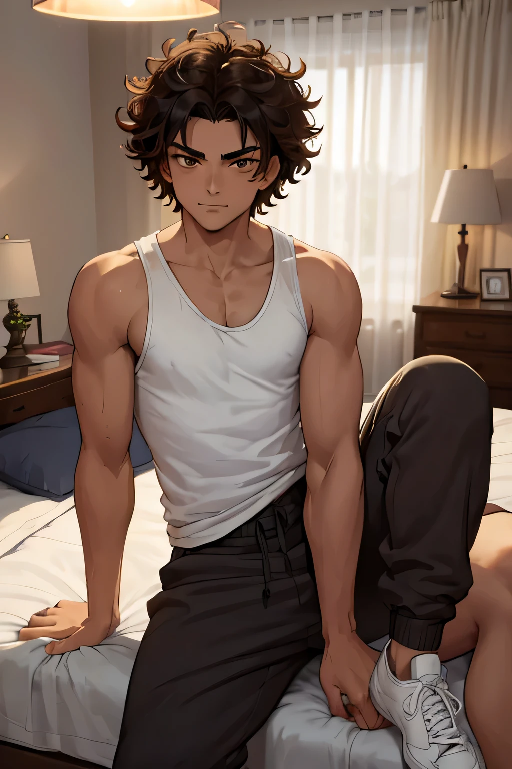 one male, a male, 20 years old, mixed race, honey colored skin, black hair, shoulder-length hair, curly hair, brown eyes || white tank top, jogger pants, white sneakers || bedroom, sitting on bed, dark bedroom, lamp light, looking at camera, smug face, hand on face