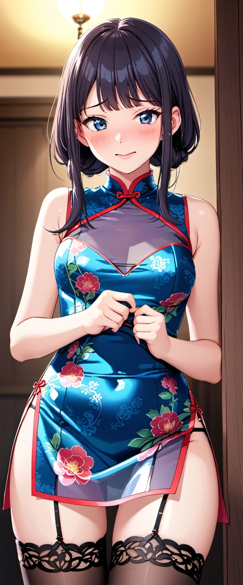 High resolution, 18 year old female , good lighting, despicable, , (No nudity), (((shiny cheongsam))),(garter belt),cute face, I&#39;m embarrassed and blush, humiliating, ((See-through)),