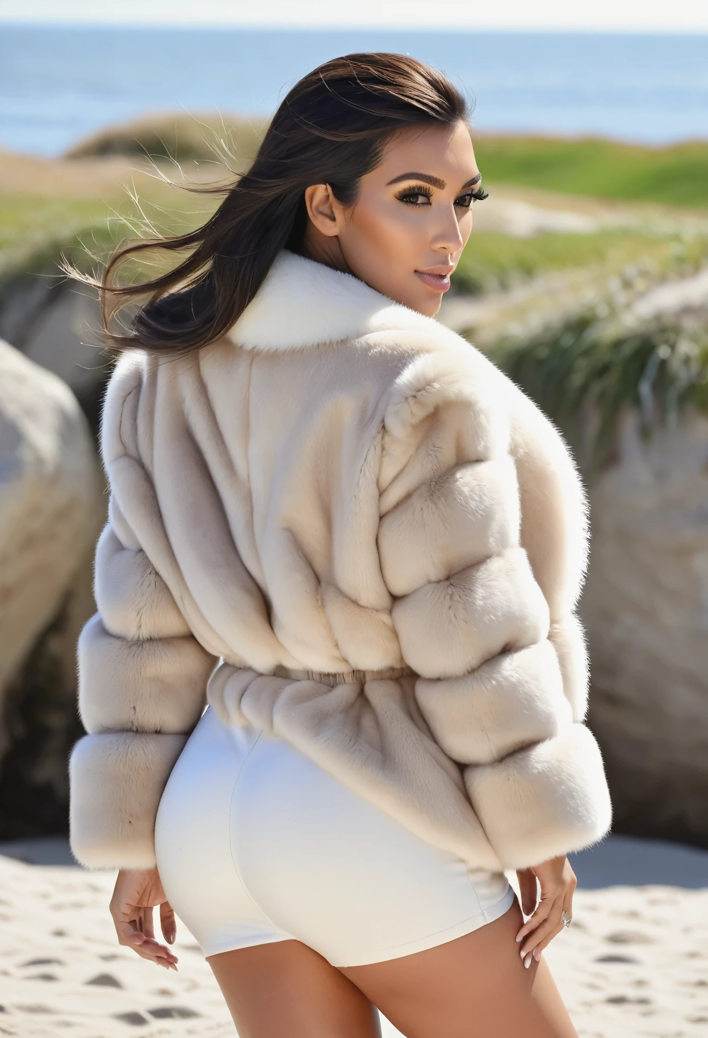 
A very wide and very thick, very short sand mink fur coat, fifty centimeters thick, duveteux, naturel, with an ultra thick white and sand mink fur collar, three layers, sur Kim Kardashian, fully nude back view, bare shoulders, and two large breast discovered by the fur, at sunny Pebble Beach golf
